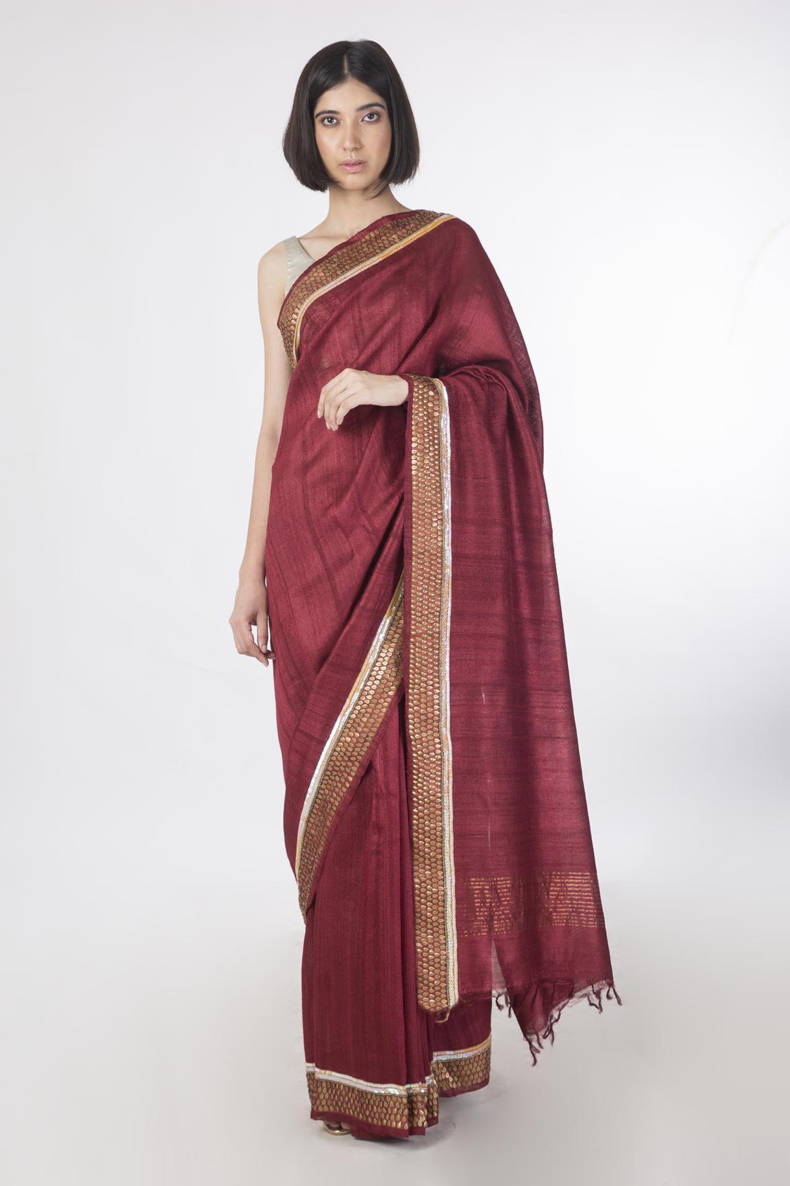 Hand Embroidered Tussar Silk Saree - sakshamneharicka.com