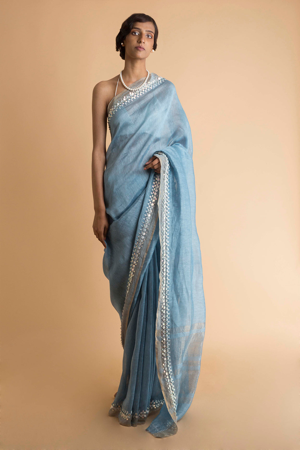 Carolina - Hand Embroidered Linen Silk Saree - sakshamneharicka.com