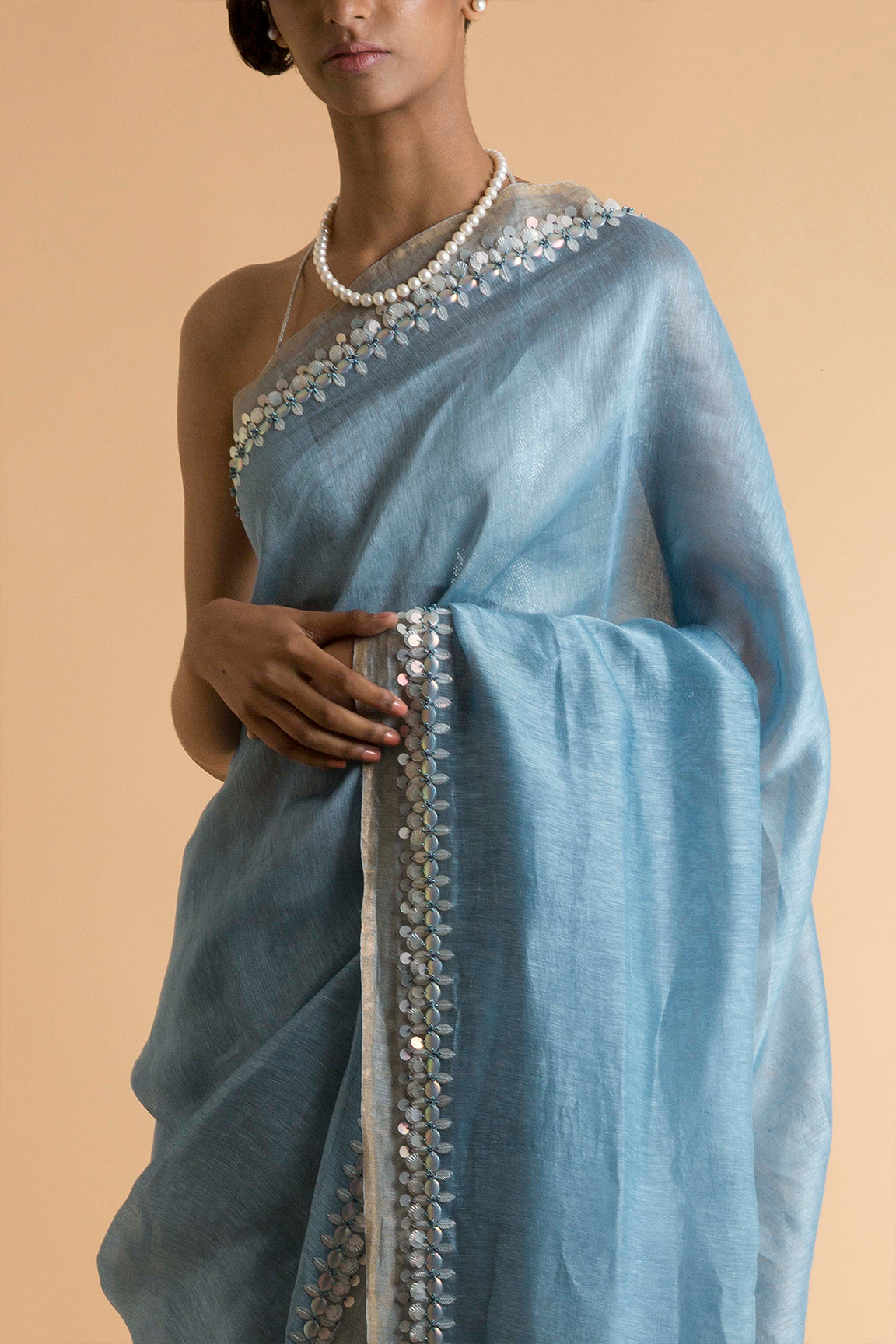 Carolina - Hand Embroidered Linen Silk Saree - sakshamneharicka.com