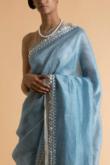 Carolina - Hand Embroidered Linen Silk Saree - sakshamneharicka.com