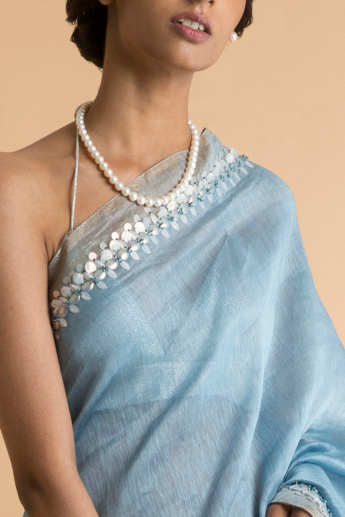 Carolina - Hand Embroidered Linen Silk Saree - sakshamneharicka.com