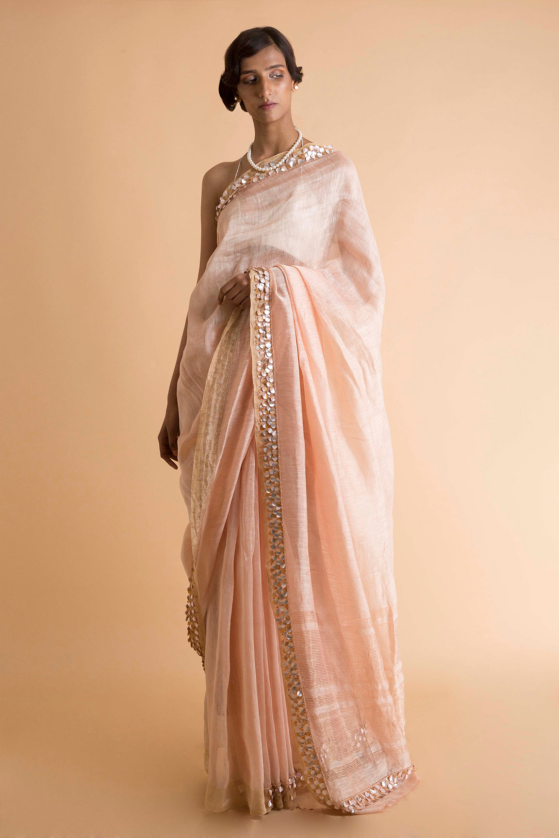 Cora - Hand Embroidered Linen Silk Saree - sakshamneharicka.com