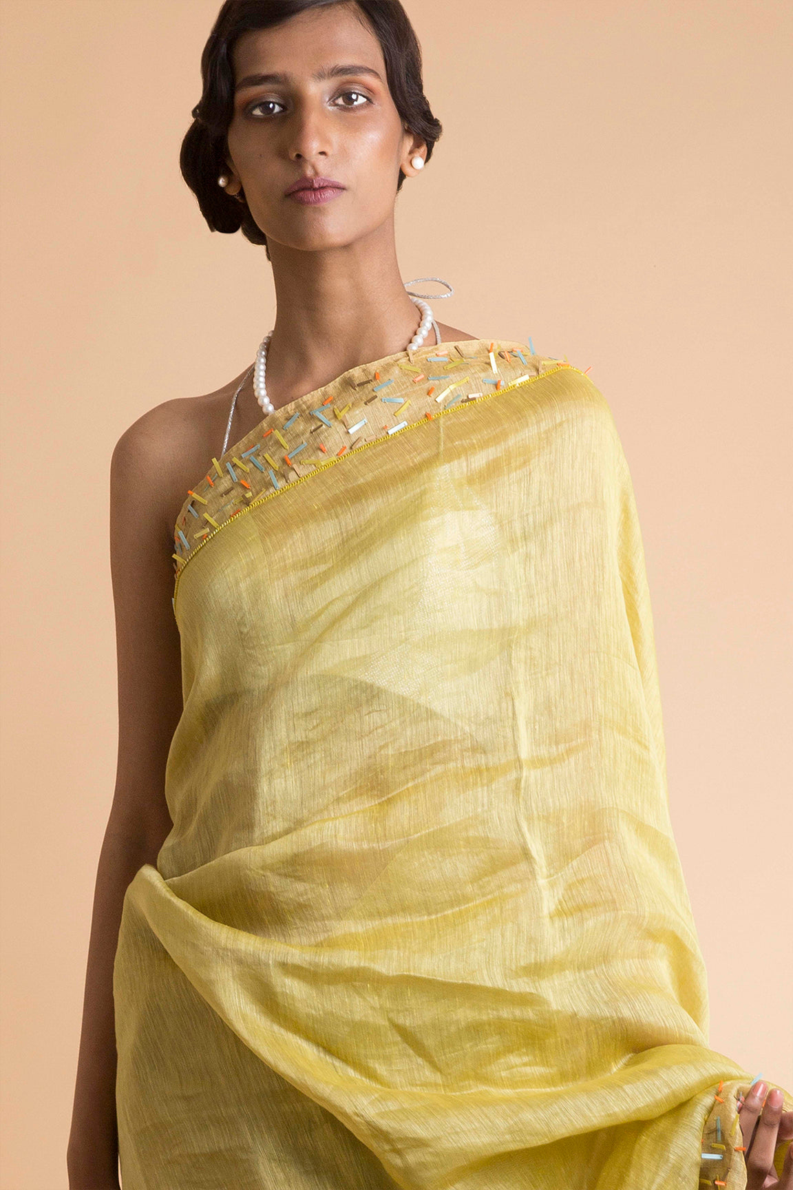 Yellow Handwoven Linen Silk Sari- sakshamneharicka.com