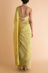 Yellow Handwoven Linen Silk Sari- sakshamneharicka.com