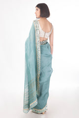 Mehr- Pastel Teal Sari- Handwoven with silk and linen Yarns - sakshamneharicka.com