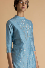 Embroidered Pastel Blue Short Kurta in Chanderi - sakshamnehricka.com