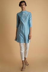 Embroidered Pastel Blue Short Kurta in Chanderi - sakshamnehricka.com