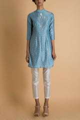 Embroidered Pastel Blue Short Kurta in Chanderi - sakshamnehricka.com