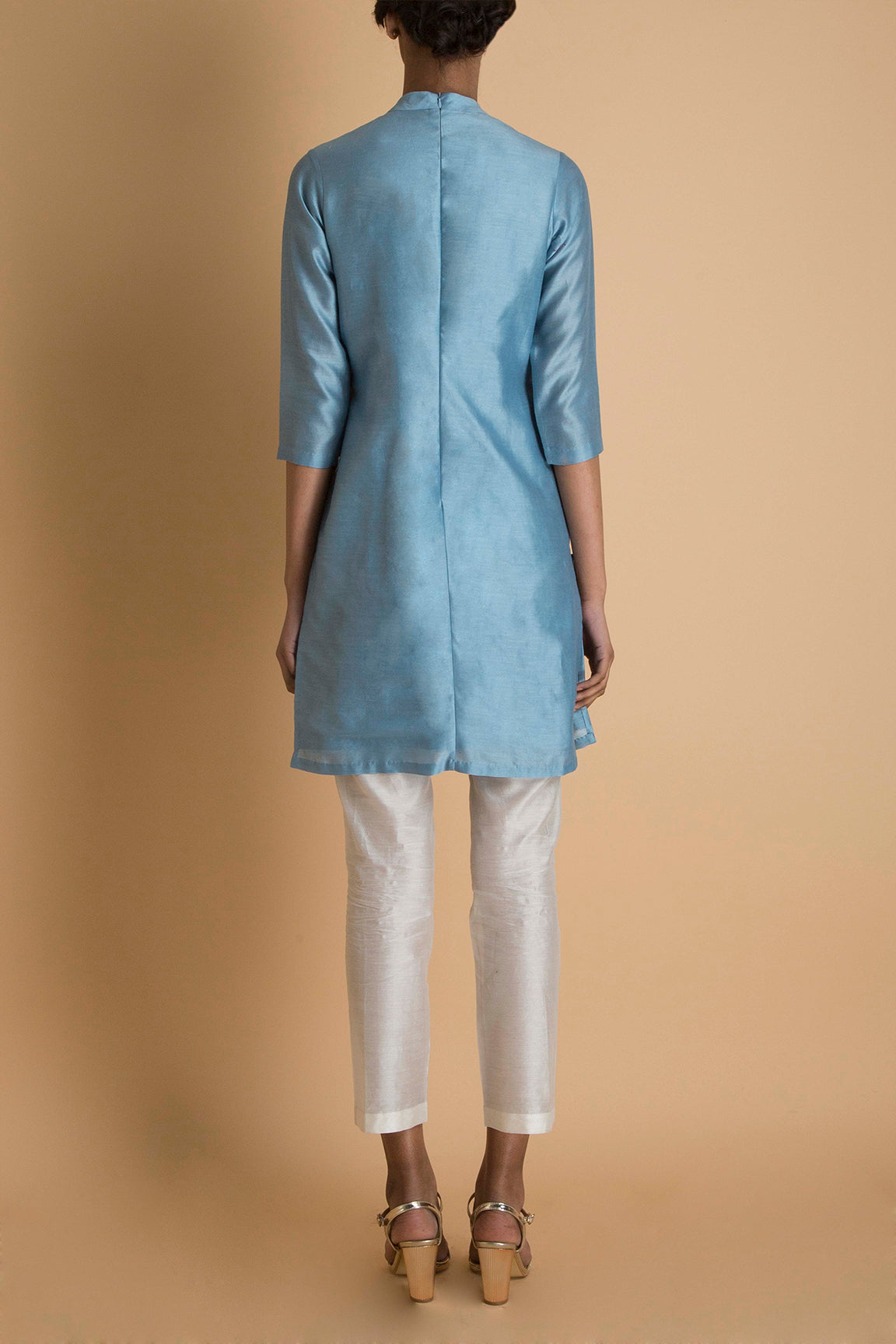 Embroidered Pastel Blue Short Kurta in Chanderi - sakshamnehricka.com