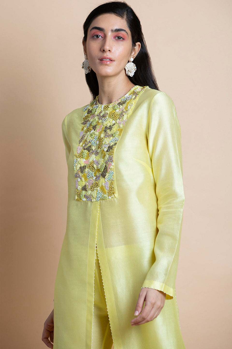 Lime Yellow Embroidered - Tunic Set
