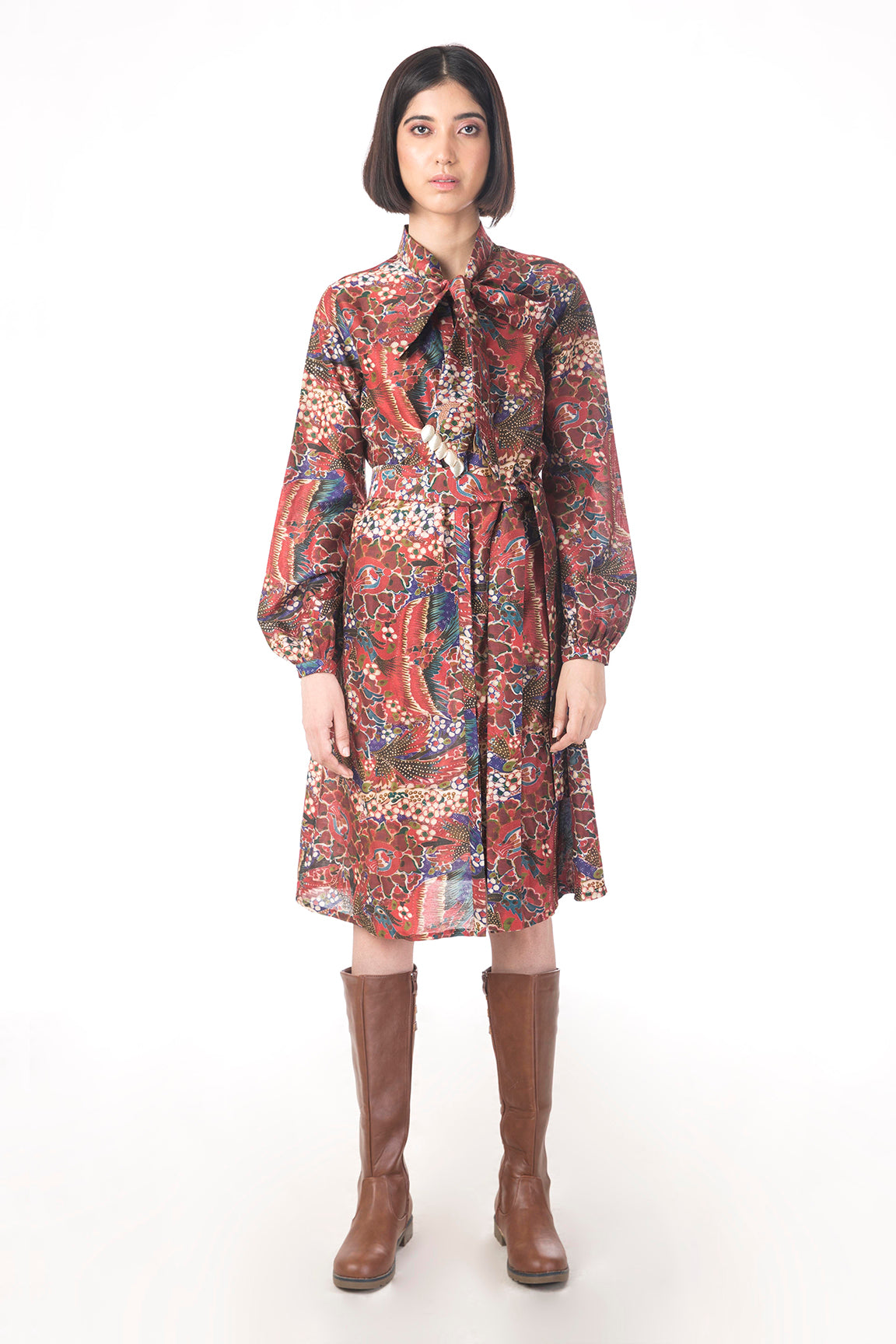 Printed Tie Collar Shirt Dress in Chanderi - sakshamneharicka.com