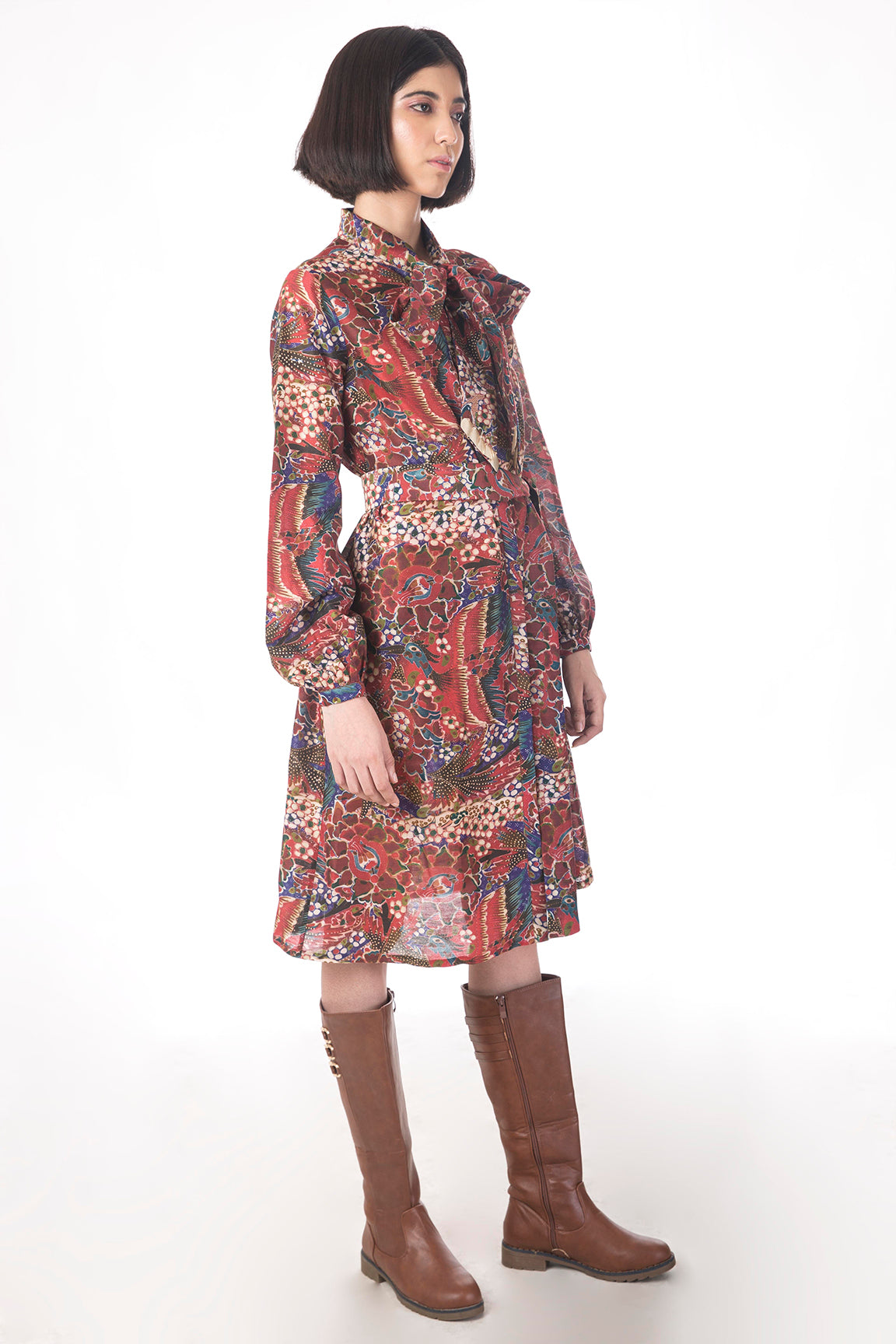 Printed Tie Collar Shirt Dress in Chanderi - sakshamneharicka.com