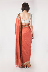 Hand Woven & Hand Embroidered Salmon Tussar Silk Saree - sakshamneharicka.com