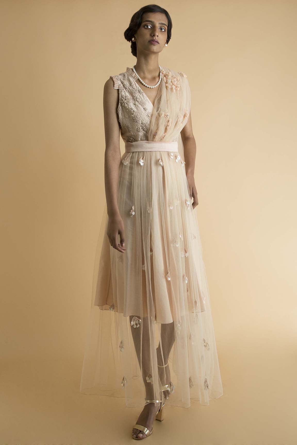 Peach Embroidered Sheer Dress