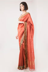 Hand Woven & Hand Embroidered Salmon Tussar Silk Saree - sakshamneharicka.com