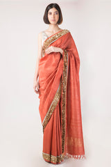 Hand Woven & Hand Embroidered Salmon Tussar Silk Saree - sakshamneharicka.com