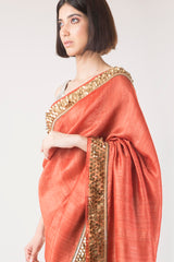 Hand Woven & Hand Embroidered Salmon Tussar Silk Saree - sakshamneharicka.com