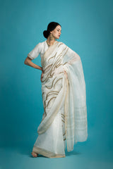 Vaayu - Embroidered Linen Silk Saree in White - sakshamneharicka.com