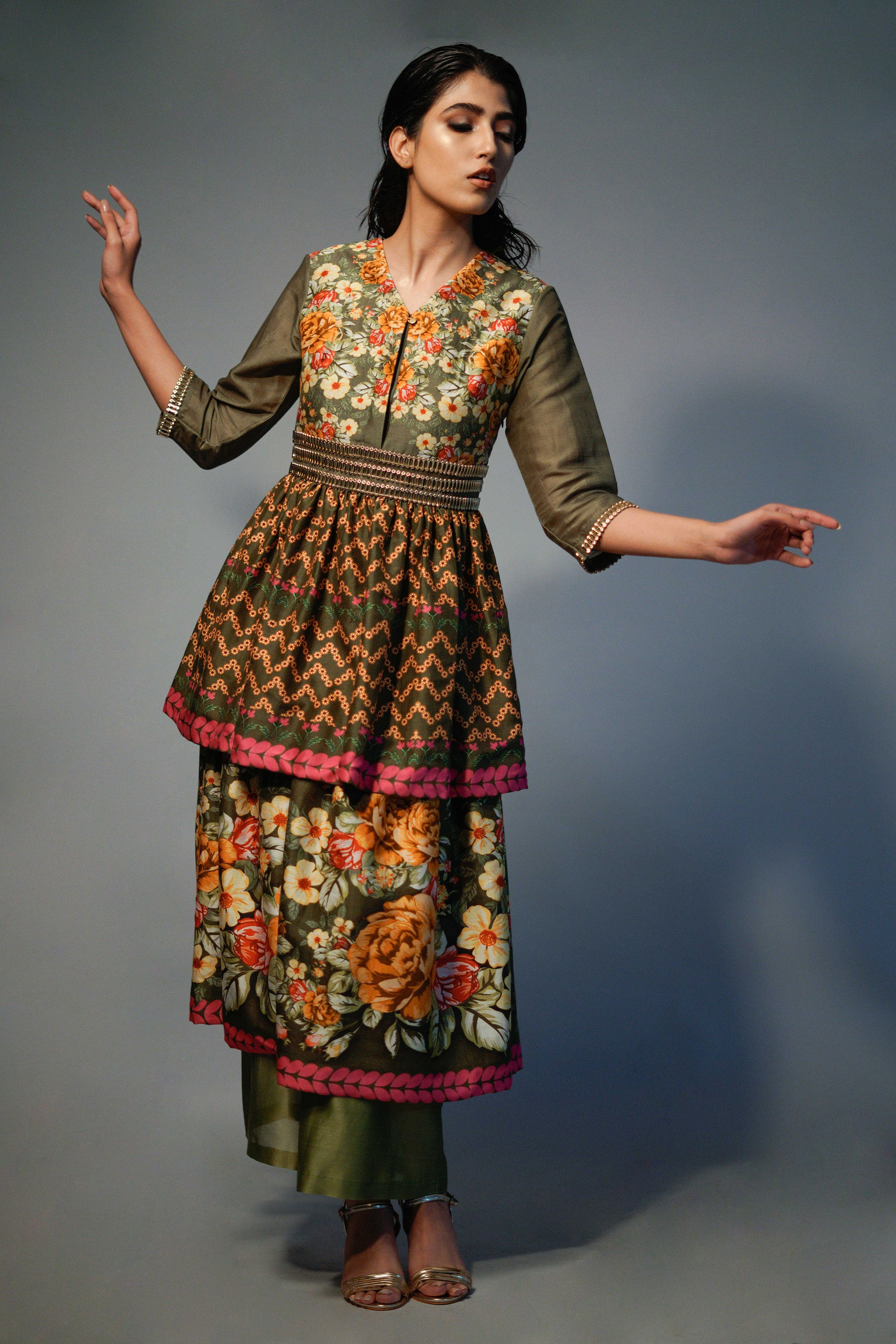 Janaki Olive Layered - Kurta Set