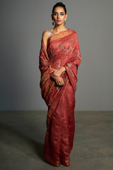 Red Handwoven and Embroidered Tasar Silk Saree - sakshamneharicka.com