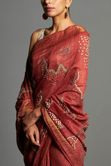Red Handwoven and Embroidered Tasar Silk Saree - sakshamneharicka.com
