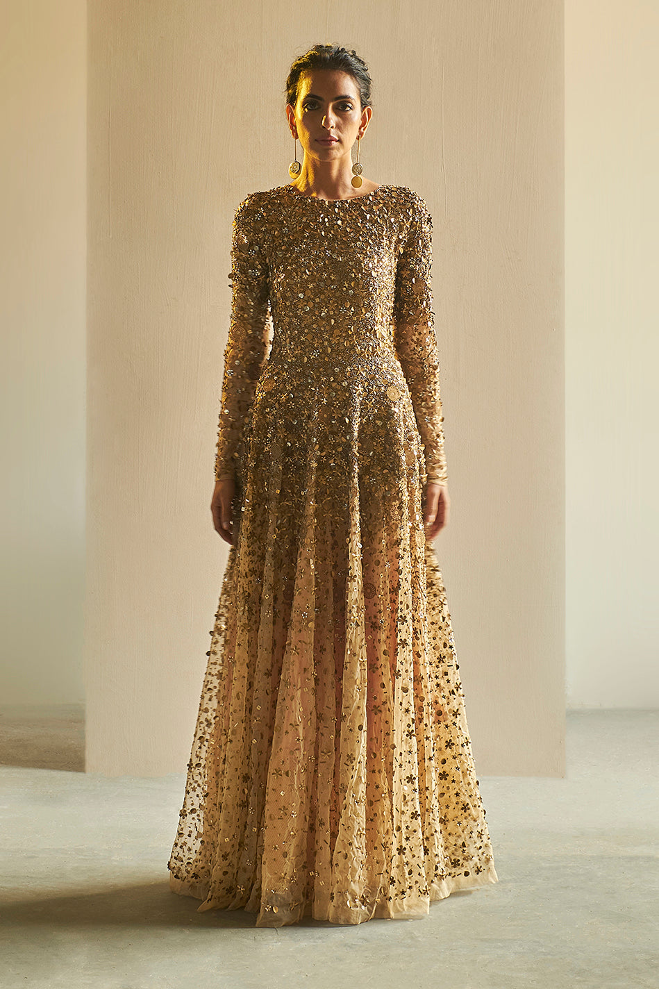 Gold Embroidered Tulle Gown - sakshamneharicka.com