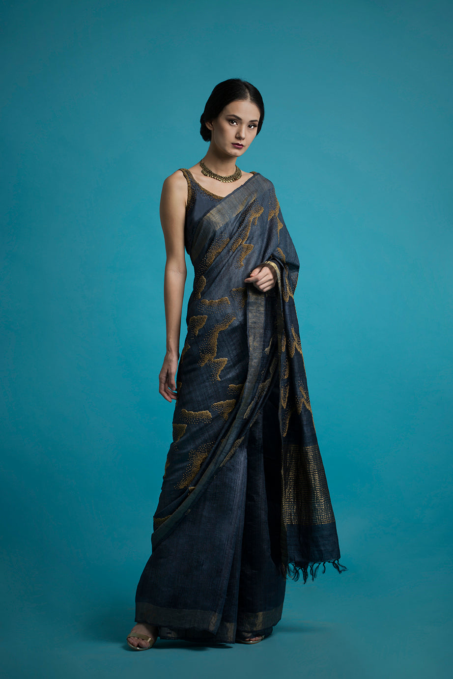 Hand Woven & Hand Embroidered Indigo Tussar Silk Saree - sakshamneharicka.com
