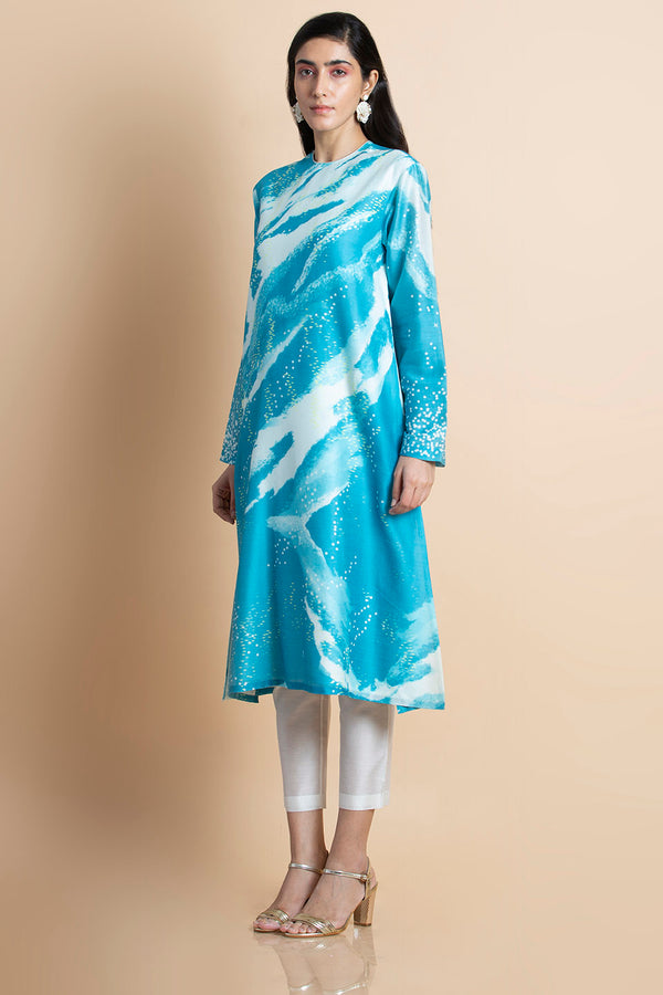 Azure Printed Kurta In Chanderi Cotton Silk