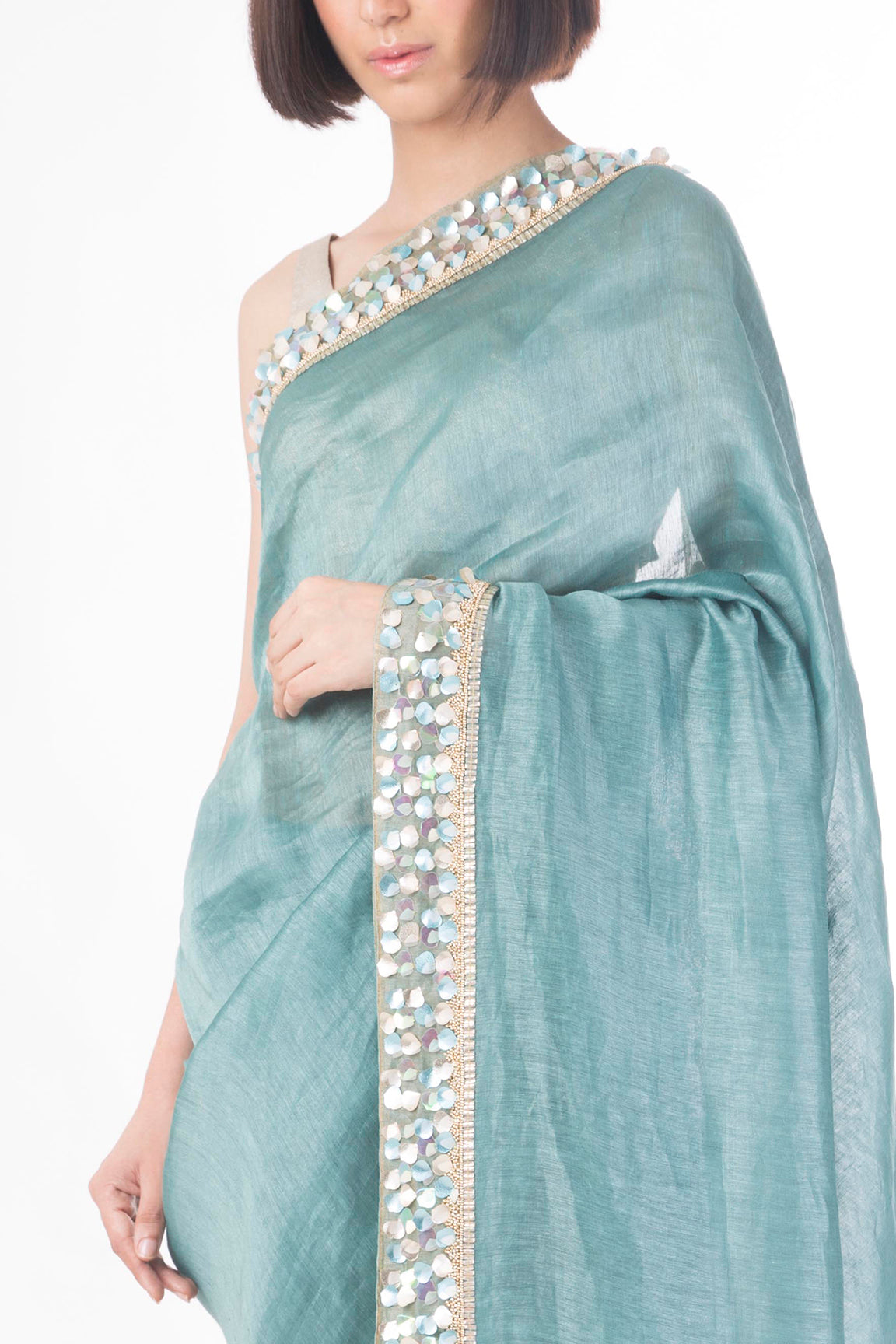 Mehr- Pastel Teal Sari- Handwoven with silk and linen Yarns - sakshamneharicka.com