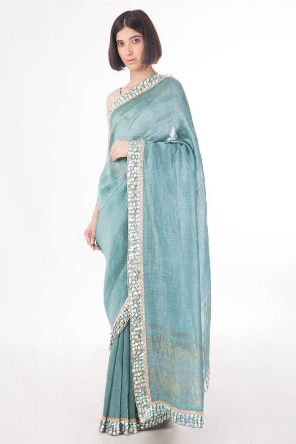 Mehr- Pastel Teal Sari- Handwoven with silk and linen Yarns - sakshamneharicka.com