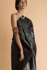 Black Printed & Signature Stripe Sari - Embroidered and Printed Saree - sakshamneharicka.com
