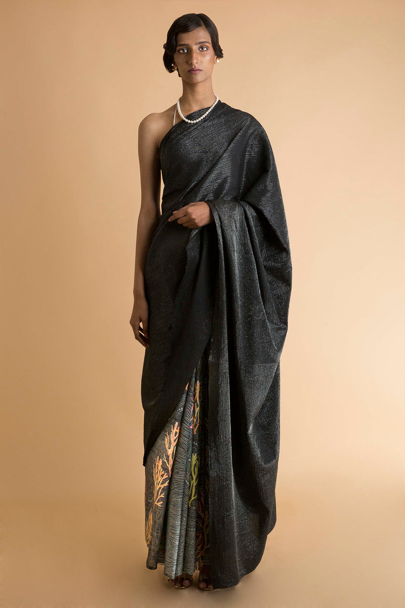 Black Printed & Signature Stripe Sari - Embroidered and Printed Saree - sakshamneharicka.com
