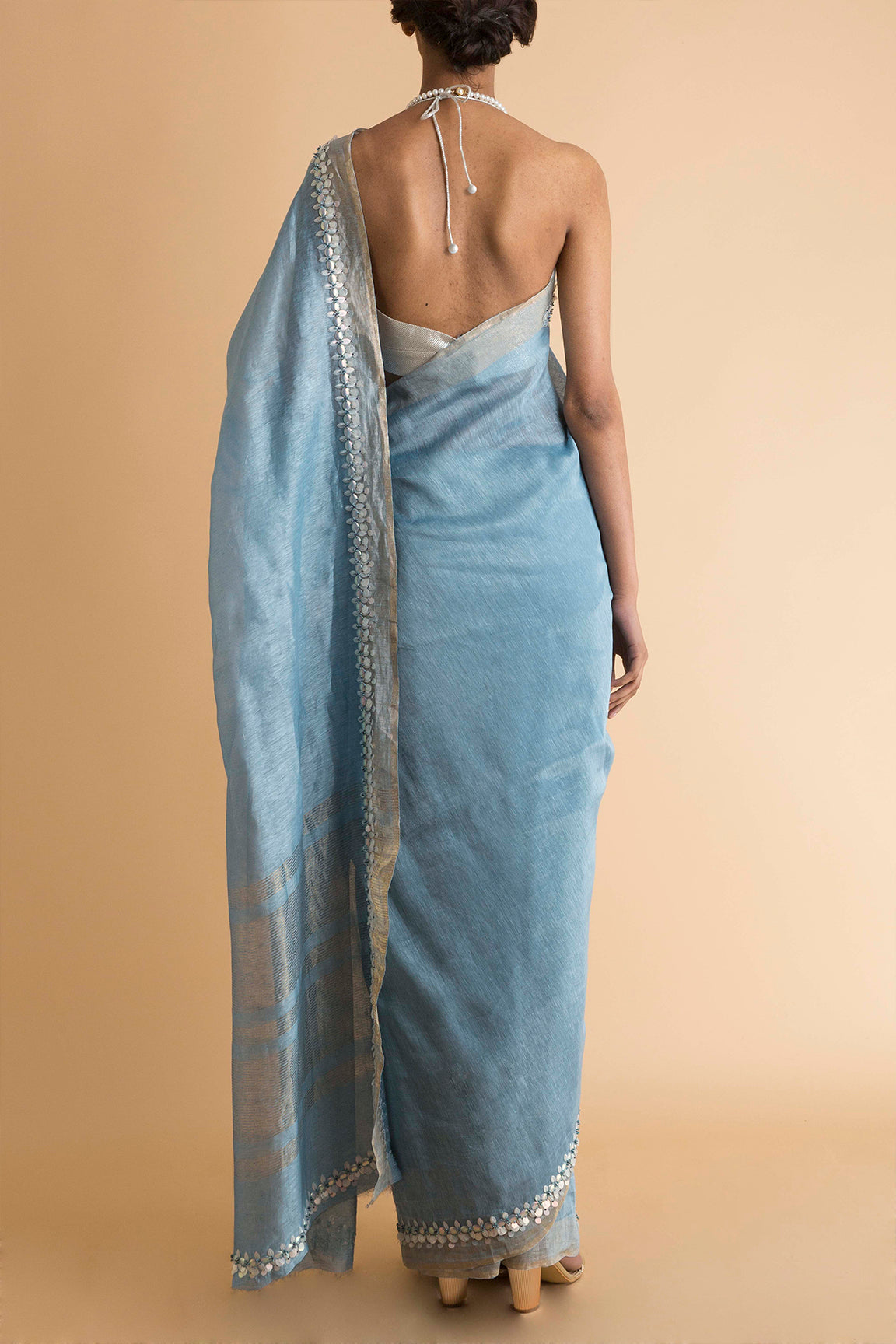 Carolina - Hand Embroidered Linen Silk Saree - sakshamneharicka.com