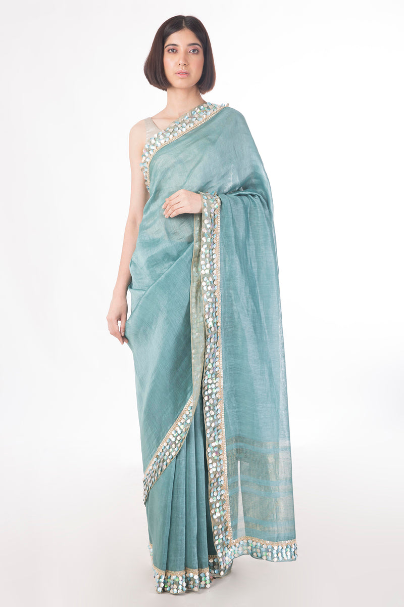 Mehr- Pastel Teal Sari- Handwoven with silk and linen Yarns - sakshamneharicka.com