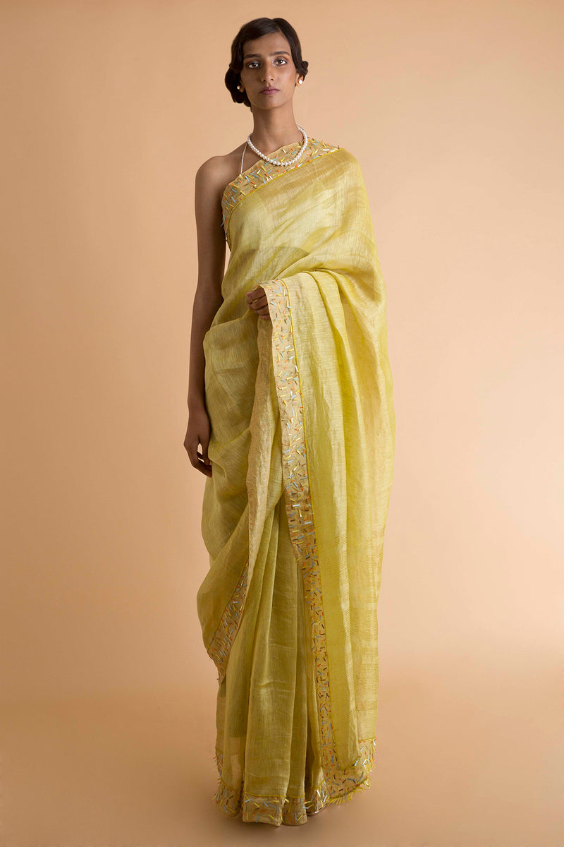 Yellow Handwoven Linen Silk Sari- sakshamneharicka.com