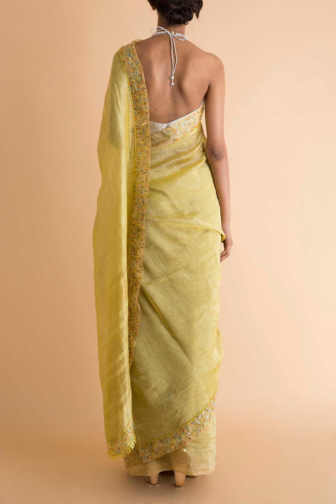 Yellow Handwoven Linen Silk Sari- sakshamneharicka.com