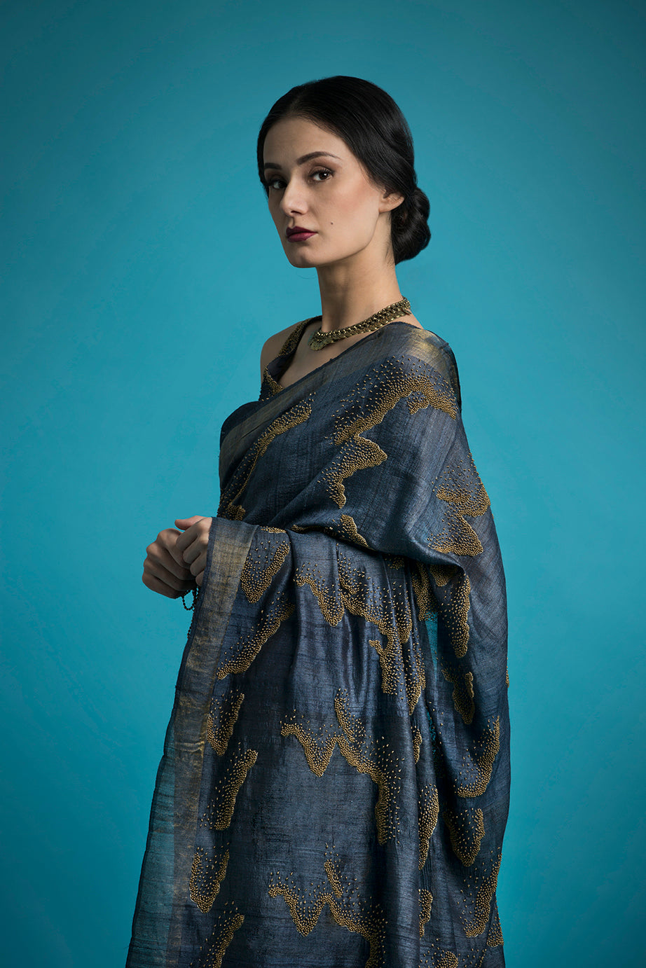 Hand Woven & Hand Embroidered Indigo Tussar Silk Saree - sakshamneharicka.com