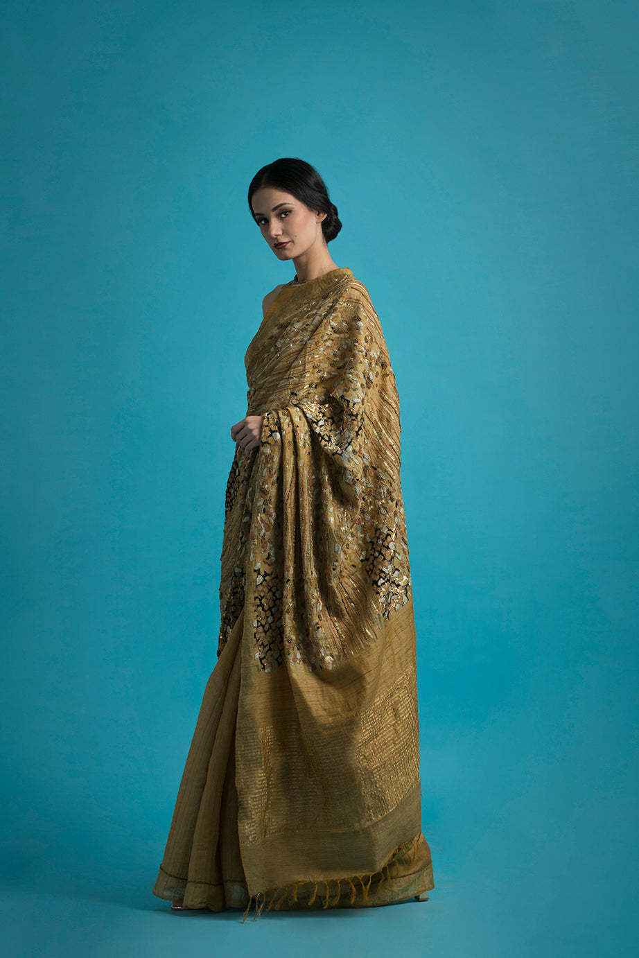 Hand Woven & Hand Embroidered Ochre Tussar Silk Saree - sakshamneharicka.com
