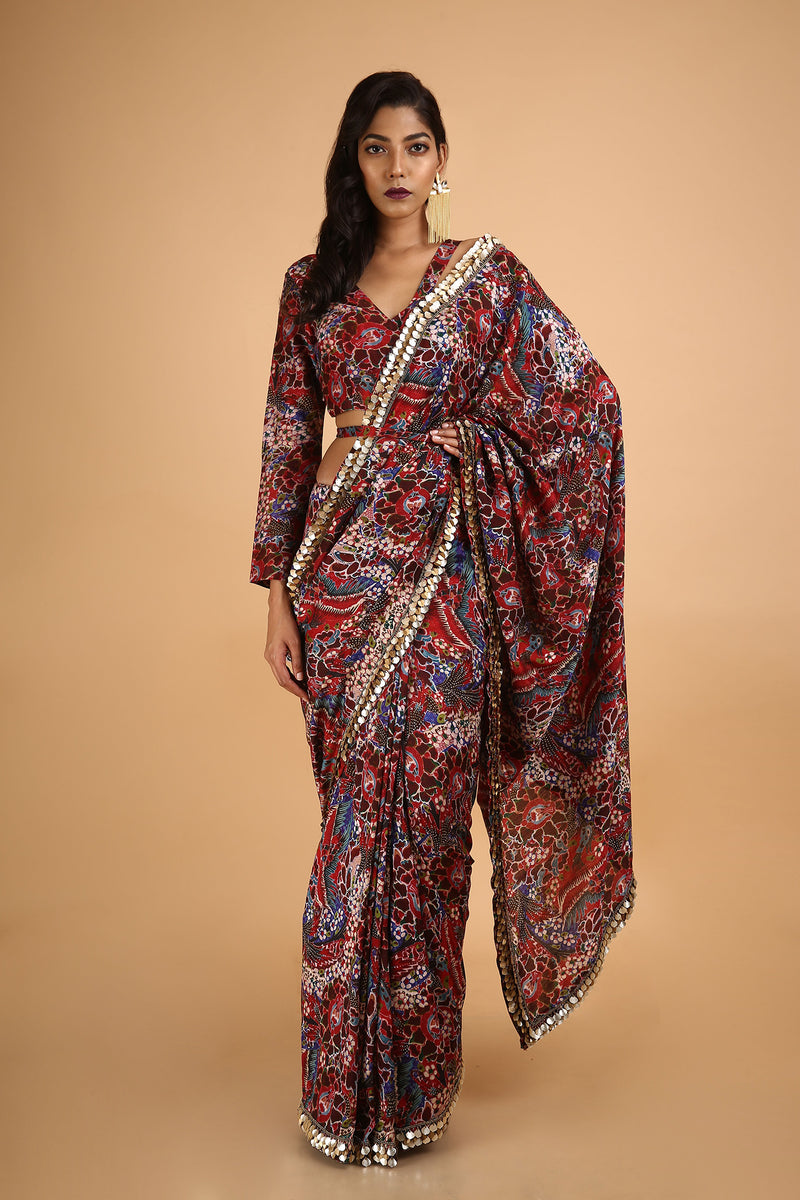 Baaz-e-Gulistaan - Printed and Hand Embroidered Saree in Chanderi - sakshamneharicka.com