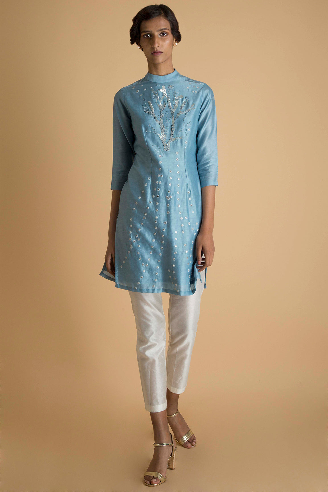 Embroidered Pastel Blue Short Kurta in Chanderi - sakshamnehricka.com