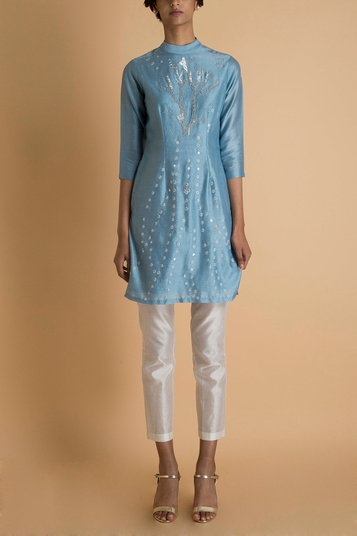 Embroidered Pastel Blue Short Kurta in Chanderi - sakshamnehricka.com