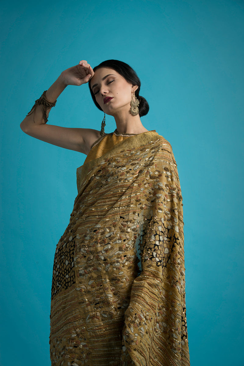 Hand Woven & Hand Embroidered Ochre Tussar Silk Saree - sakshamneharicka.com