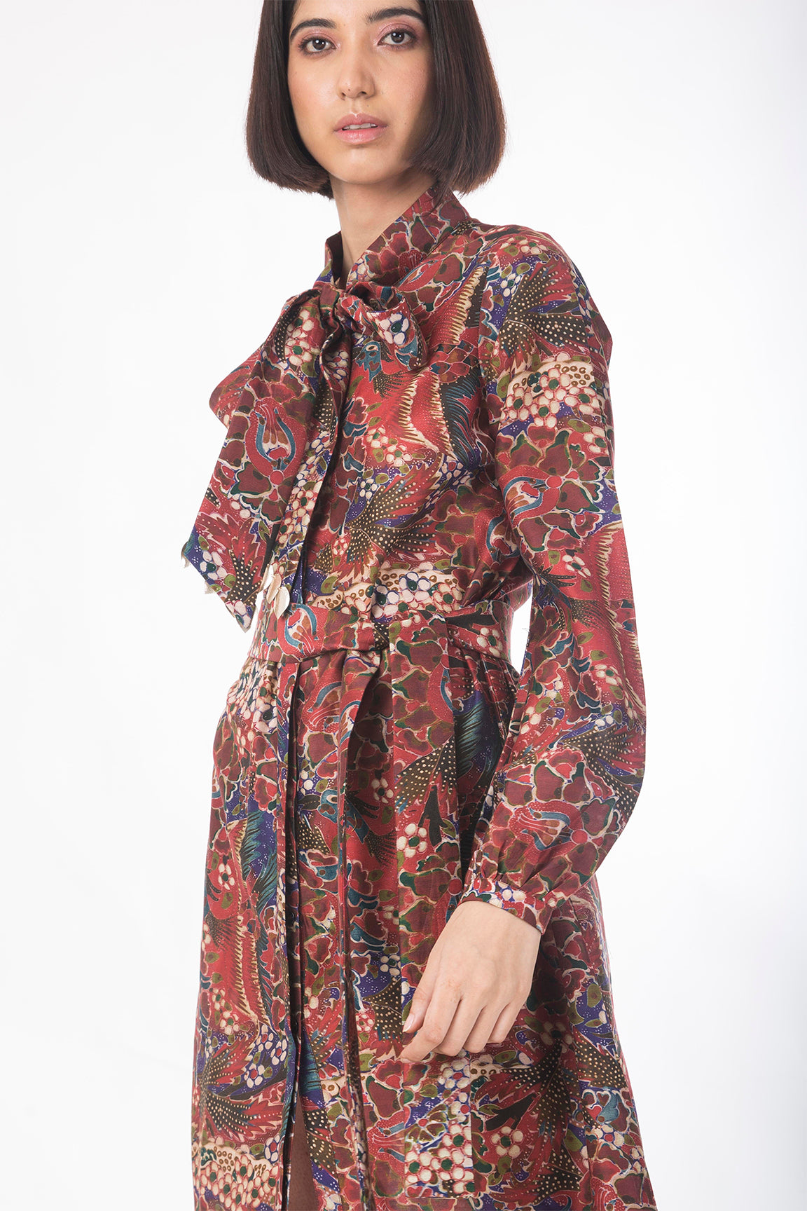 Printed Tie Collar Shirt Dress in Chanderi - sakshamneharicka.com