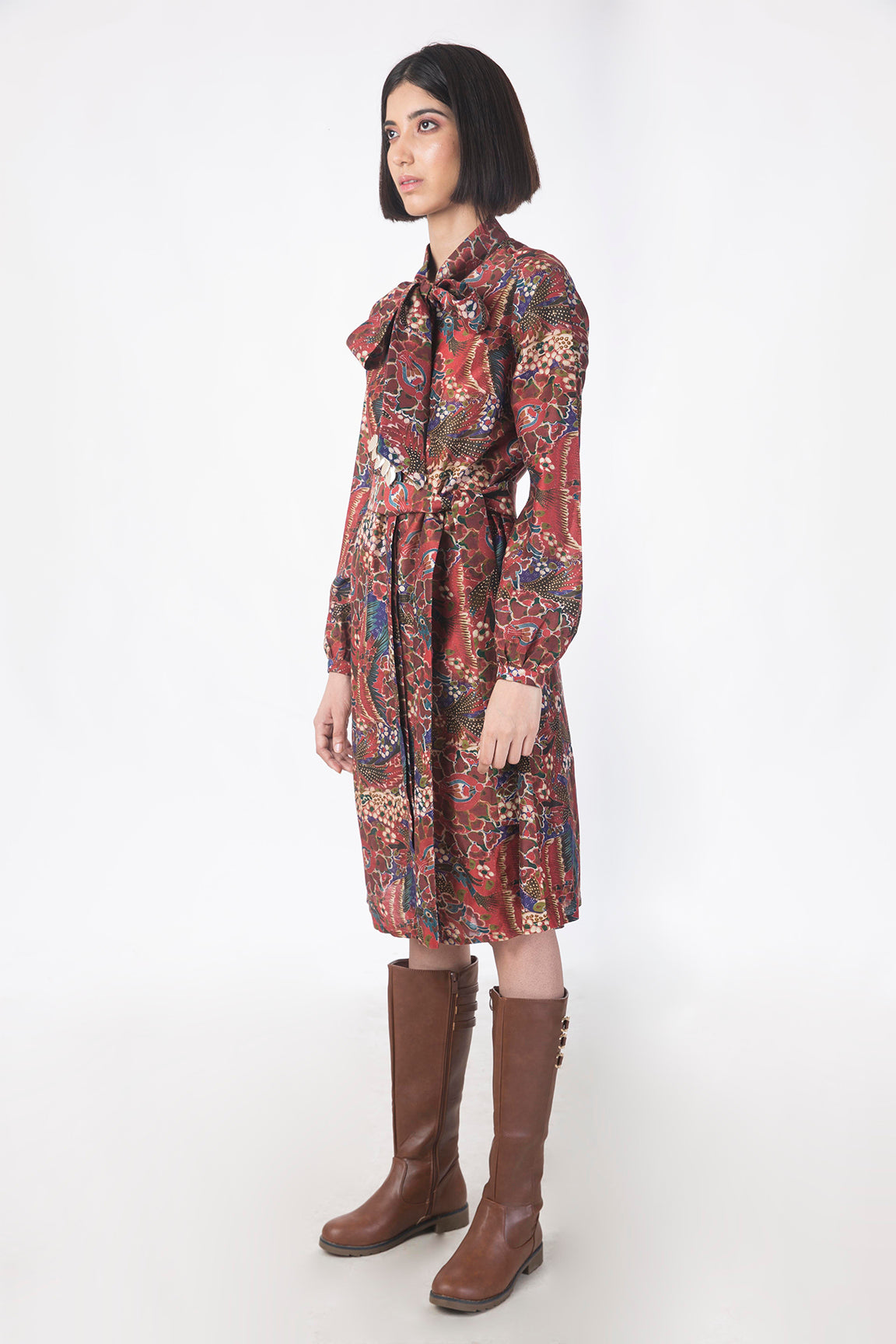 Printed Tie Collar Shirt Dress in Chanderi - sakshamneharicka.com