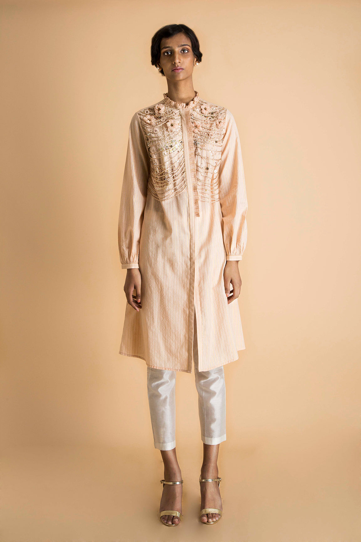 Hand Embroidered Tunic Set in Cotton Lurex - sakshamneharicka.com