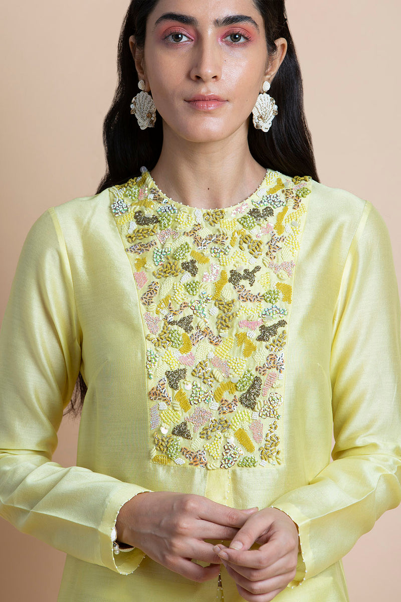 Lime Yellow Embroidered Tunic Set
