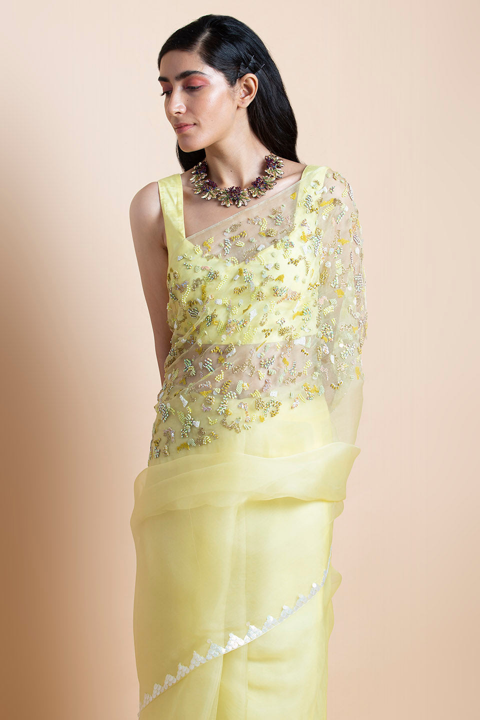 Lime Yellow in Silk Organza - Saree
