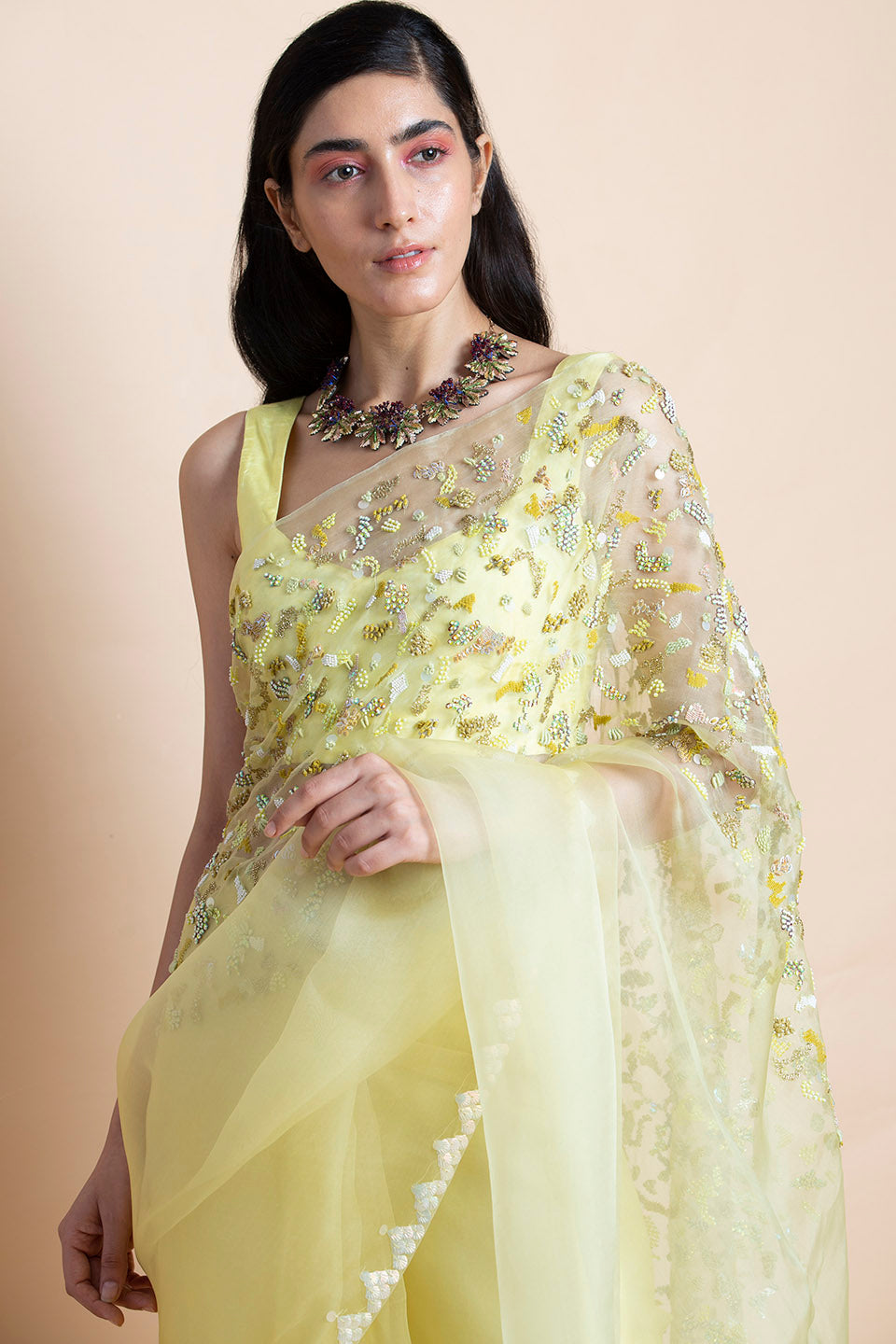 Lime Yellow in Silk Organza - Saree