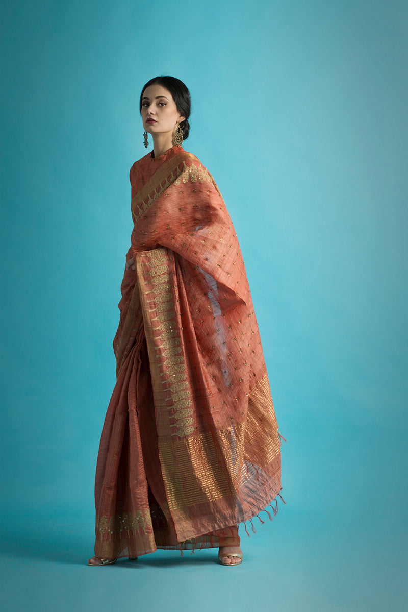 Nidhivan - Handwoven and Hand Embroidered Tussar Silk Saree - sakshamneharicka.com