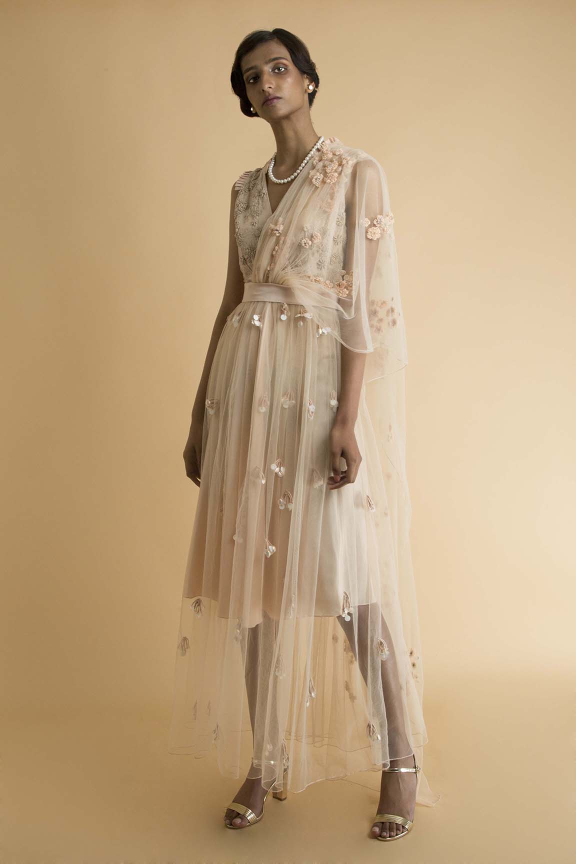 Peach Embroidered Sheer Dress